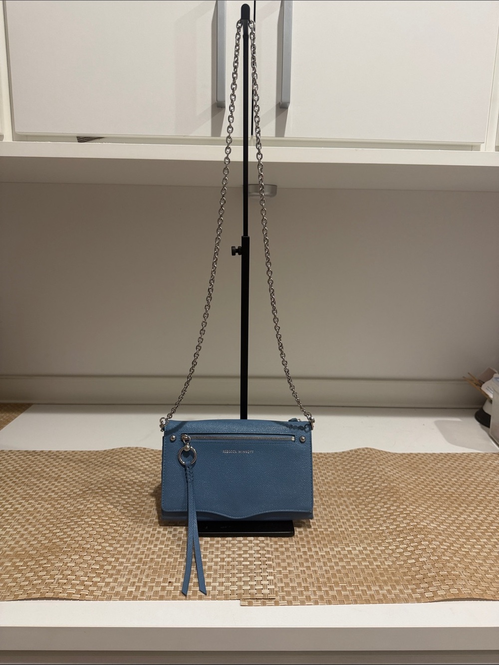 Rebecca Minkoff Sky Blue Pebbled Leather Crossbody wallet with Chain Strap